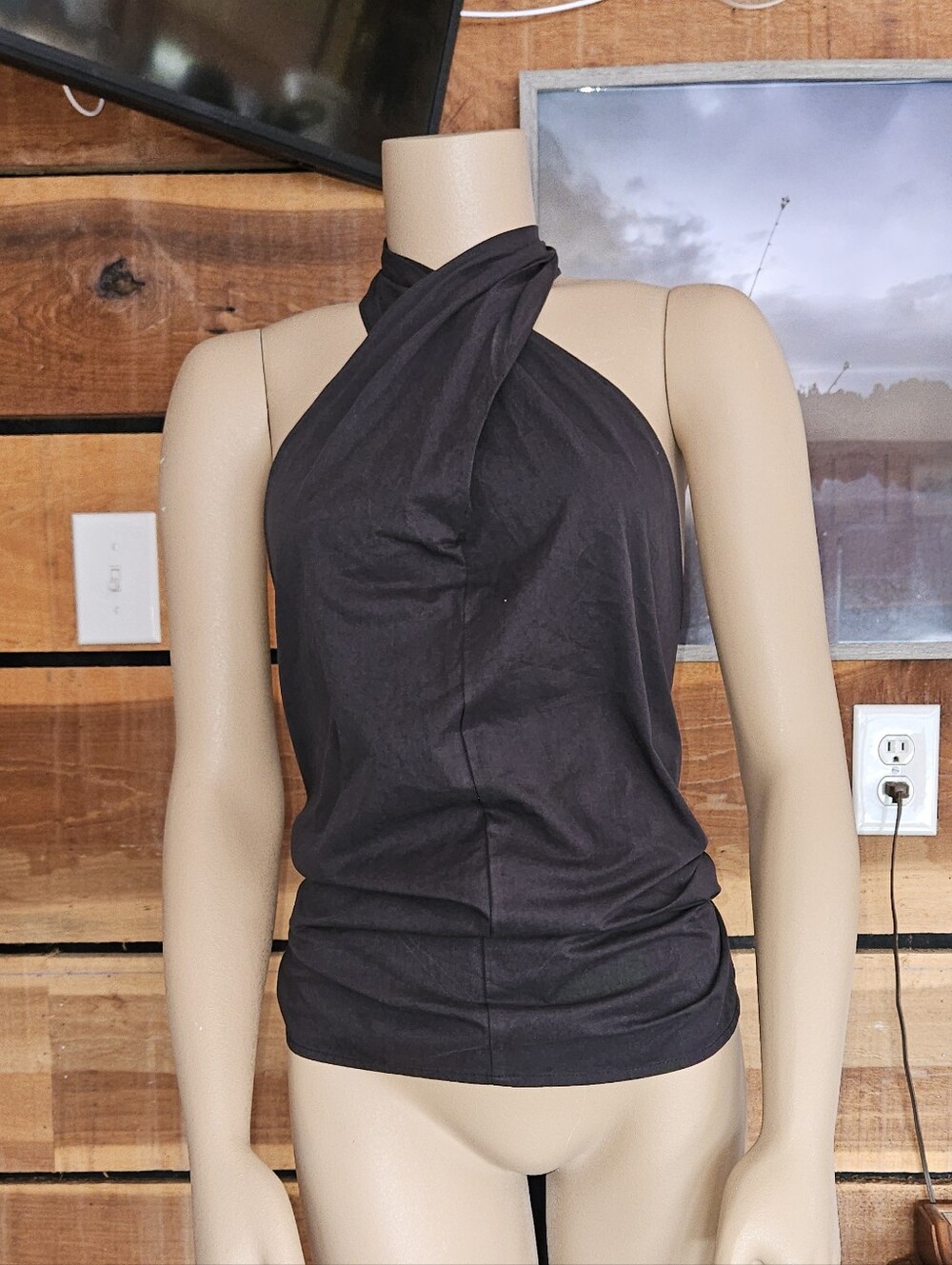 DISSH Women’s Black Halter Twist Neck Top 100% Cotton US 6 Tie Back Wrap Shirt